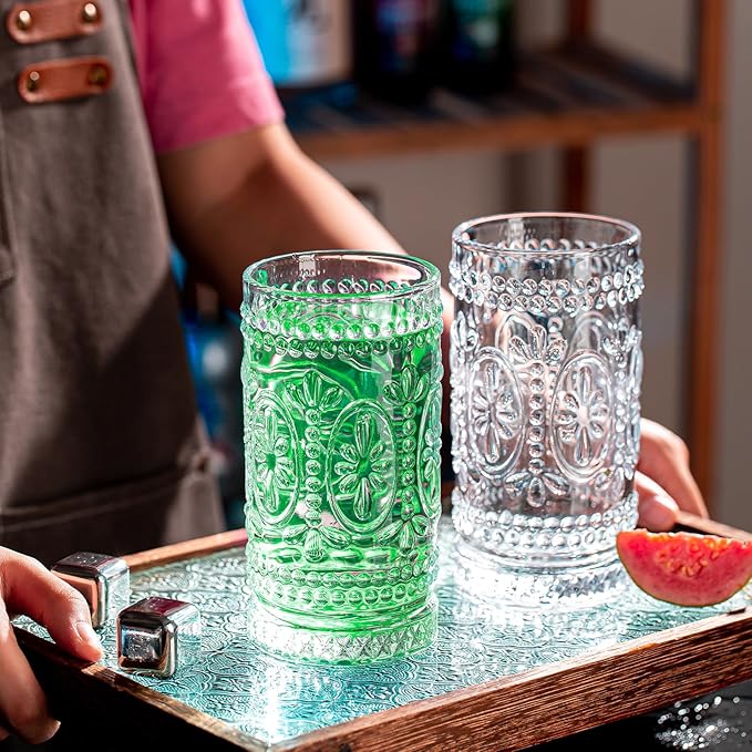 Vintage Drinking Glasses Set - 12 Pcs Romantic Highball Tumblers, 15oz Cups for Water, Mojito, Cocktail, Whiskey, Juice - Tall Glassware