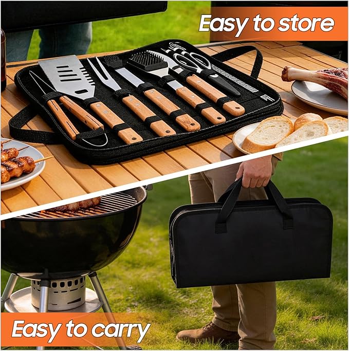 18Pcs BBQ Grill Tools Set, Heavy Duty Stainless Steel Grill Utensils Set with Carry Bag, Complete Barbecue Tool Kit for Outdoor Camping Backyard, Perfect Grilling Gift for Men Dad