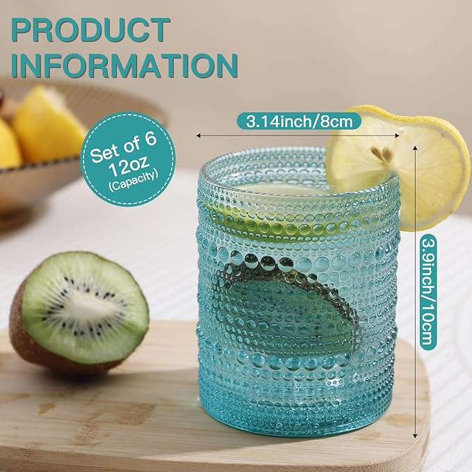 JOVGANK Mint Green Vintage Hobnail Drinking Glasses Set of 6, Embossed Water Tumbler 12oz, Kitchen & Bar Beaded Glass Cups, Beverage Glass Cups for Water, Beer, Juice, Housewarming, Mother's Day Gift