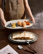 famiware Serving Platter, Oval 15.59/14.3/12.9 inch Serving Dishes for Entertaining, Serving Bowls, Dishwasher Safe, Stonware Serving Trays for Party, Turkey, Cheese, Reactive Glaze, Light khaki