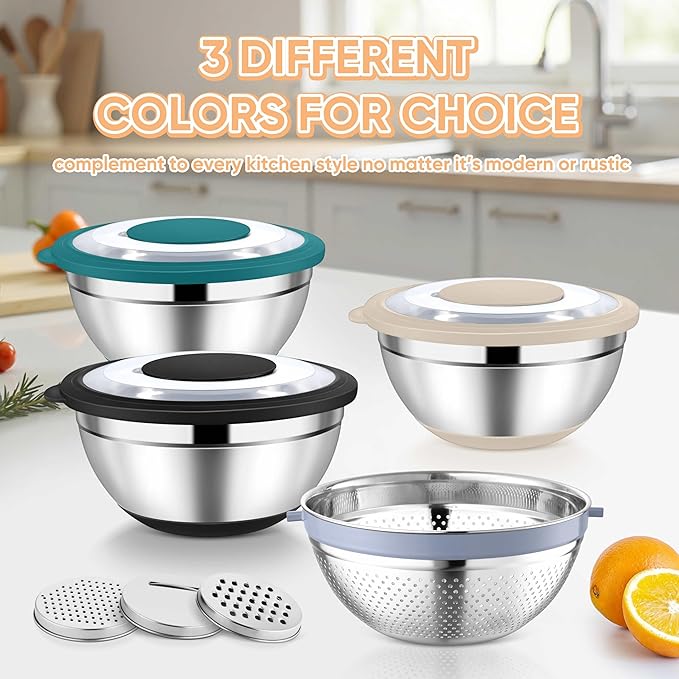 TeamFar 4-1 Colander with Bowl Set, Rotatable Colander for Kitchen, Stainless Steel Food Strainers and Colanders Mixing Bowl with Graters, for Veggies Fruits Washing, Pasta Straining - Blue