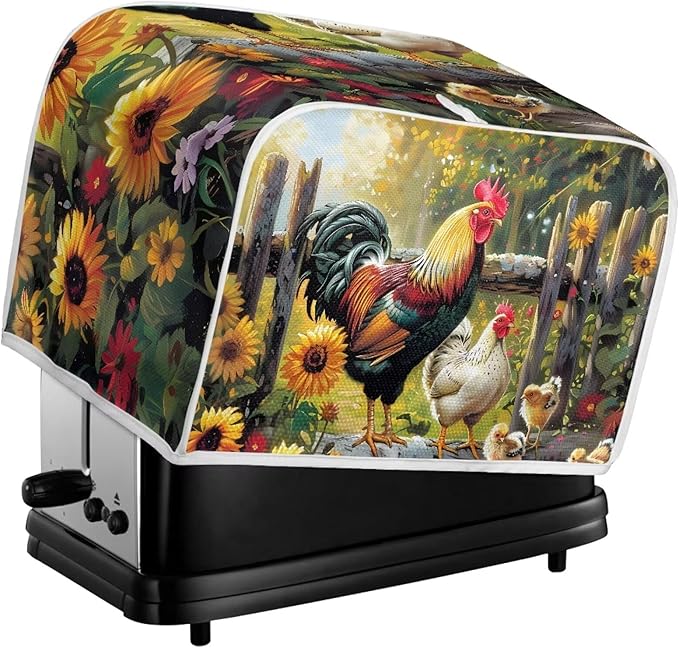 JEOCODY Sunflower Rooster Toaster Oven Covers for Kitchen Polyester Fabric Quilted Toaster Appliance Dust-proof Cover for Small Appliance Dust Cover and Fingerprint Protection Stain Resistant Bag