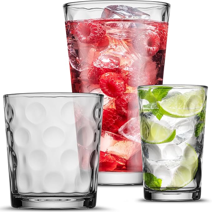 Melrose 18-Piece Family Drinking Glasses Set - Drinking Glassware Set with Highball Cooler, DOF (Double Old Fashioned), and Juice Glasses - 6 Each