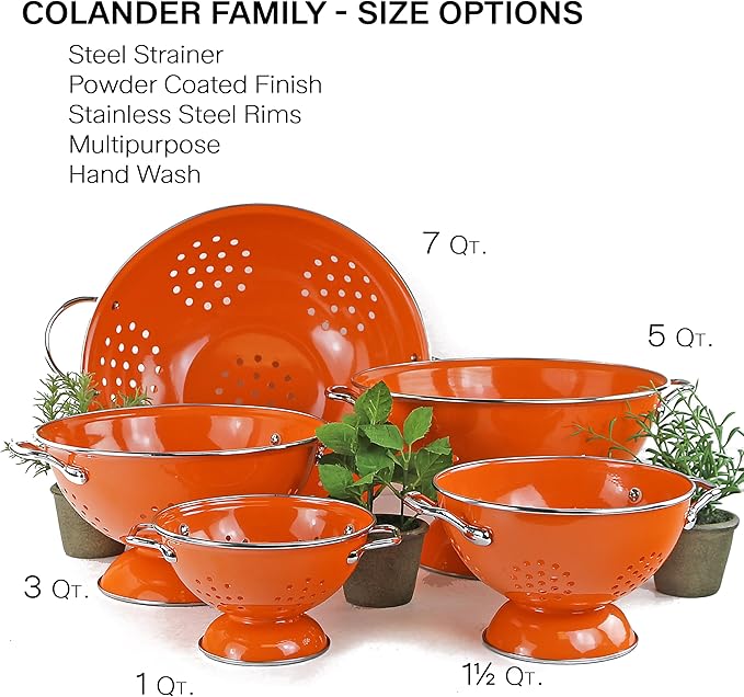 Reston Lloyd, 1 Quart Powder Coated Steel Kitchen Strainer Basket for draining Pasta, Vegetable and Fruit, Chrome Handles and Wide Stable Base, Orange