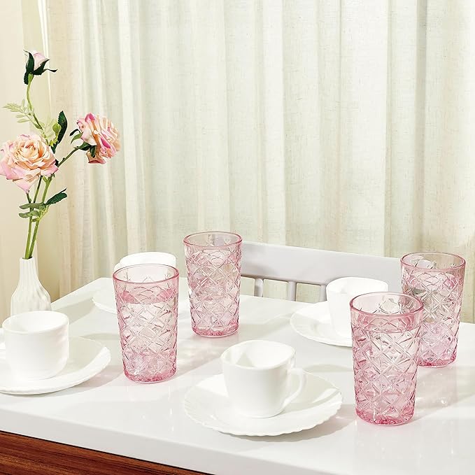 Drinking Highball Glasses Set of 4, Vintage Cross Hatch Glass Cups, 15.5oz Tall Drinking Water Glasses, Dishwasher Safe Pink Glass Tumbler Glassware for Water, Juice, Cocktail, Coffee, Whiskey
