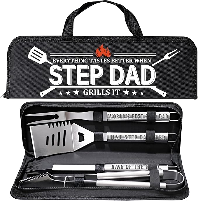 Step Dad Gifts, Gift for Stepdad from Step Daughter on Christmas Grilling Accessories, Heavy Duty Stainless Steel Grill Set BBQ Grill Tools for Outdoor Grill with Aluminum Case, Camping Grill Utensils