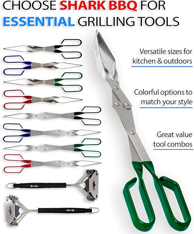 Shark BBQ Grill Tongs - 17 inch (Green). Professional steak grilling utensil. Long-reach Barbeque Tong. Ideal for steak, fish, burger, and sausage