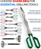 Shark BBQ Grill Tongs - 17 inch (Green). Professional steak grilling utensil. Long-reach Barbeque Tong. Ideal for steak, fish, burger, and sausage