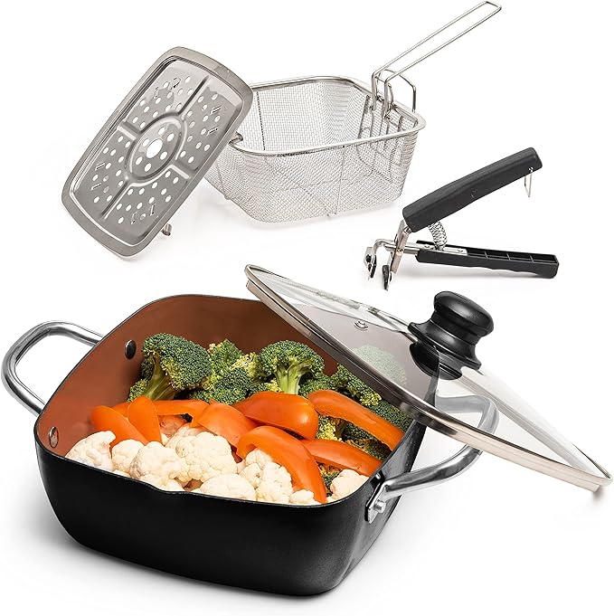 Moss & Stone 5 Pcs Black Copper Chef Cookware Non Stick Deep Frying Pan, Fry Basket, Steamer Rack, Dishwasher & Oven Safe, 5 Qt Deep Square Pan, Induction Copper Cookware Set - 9.5" x 3.5"