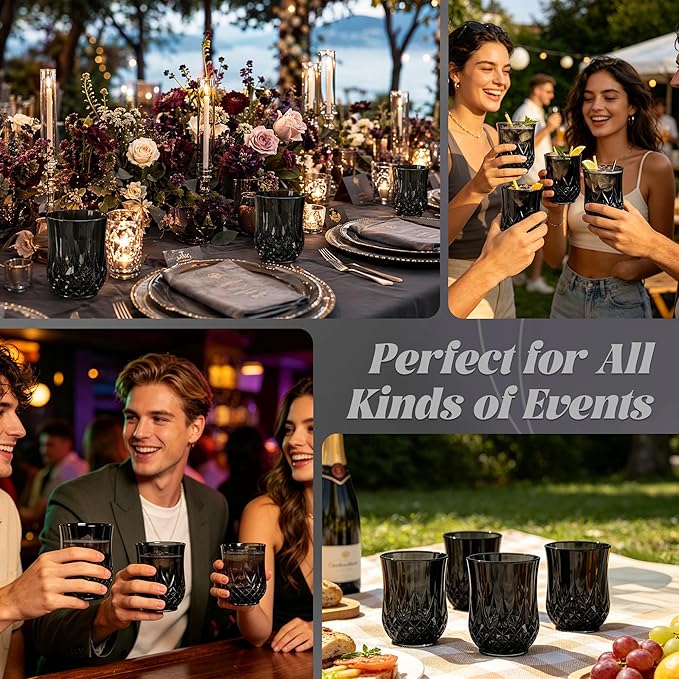 12 Pack Plastic Stemless Wine Glasses,12oz Unbreakable Vintage Elegant Drinking Glass Set,Reusable Fancy Cocktail Cups for Party, Wedding, and Bulk Events (12, 12oz-Black)