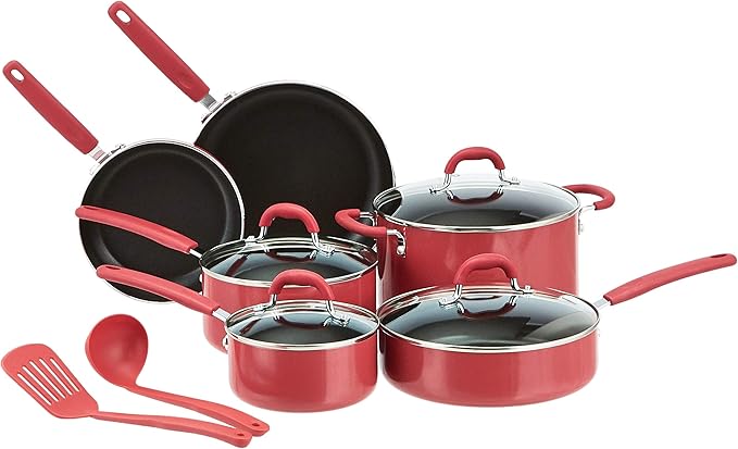 Amazon Basics Aluminum Non-Stick Cookware Set, Oven Safe, Dishwasher Safe, Stay-Cool Handles, 12-Piece, Red