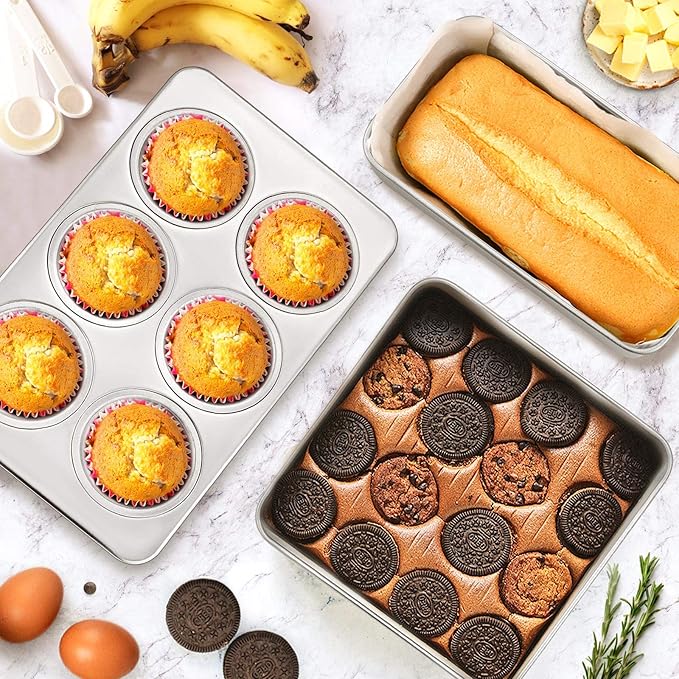 E-far Stainless Steel Baking Pan Set, 9-Piece Bakeware Sets for Cake Cookie Loaf Muffin, Include Round, Square, Rectangle Baking Sheet Pan with Lid & Cooling Rack, Dishwasher Safe