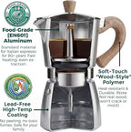 AGOGO Milano Moka Pot Stovetop Espresso Maker with 100 Paper Filters for Sediment-Free Coffee, Classic Italian Greca with Wood-Grain Handle,Cleaning Brush & Towel 6 Cup (10oz / 300ml) Silver