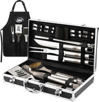 Kaluns Grilling Accessories, Dad Gifts for Fathers Day, Mothers Day Grilling Gifts, Heavy Duty Stainless Steel BBQ Tool Set for Outdoor Grill with Aluminum Case and Apron, Birthday Gifts for Men