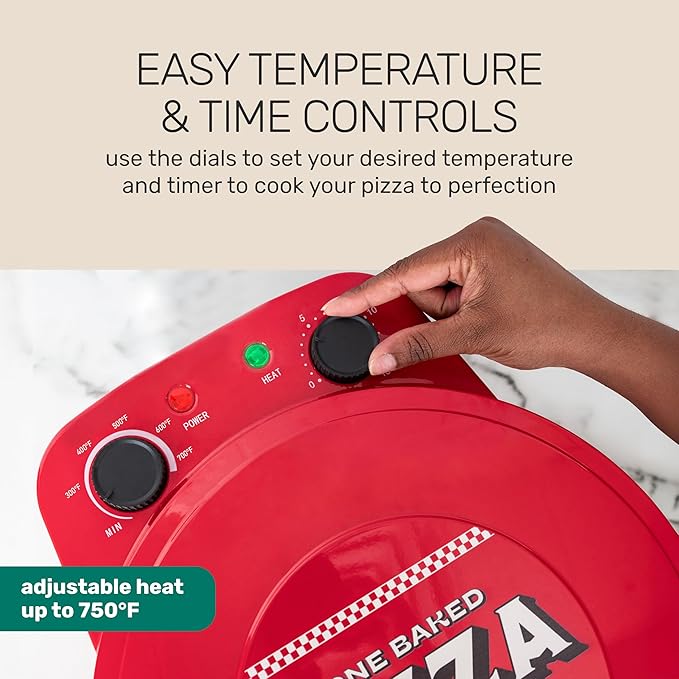 Homecraft Stone Baked Pizza Oven – 12in Woodfired Style Indoor Electric Countertop Pizza Maker – Ceramic Stone & Stainless Steel Peel – Variable Temp Control to 750°F – Homemade Pizza in Minutes-Red