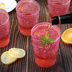 Loivttvv 6pcs Vintage Drinking Glasses Set, 12 oz Pink Highball Glasses, Embossed Ribbed Glassware Cups for Cocktail, Water, Juice, Coffee, Whiskey