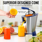 Zulay Electric Citrus Juicer - Makes Fresh Orange, Lemon, Grapefruit, Lime Juice - Stainless Steel, 160W Powerful & Quiet, Interchangeable Cones -Filters Out Seeds & Pulp- Dishwasher Safe Parts - Blue