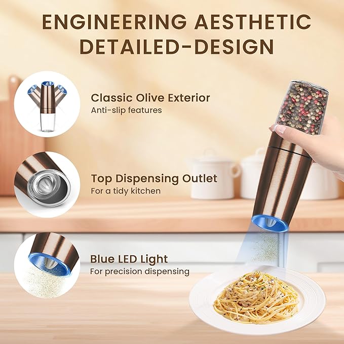 Gravity Electric Salt And Pepper Grinder Set, Automatic Salt And Pepper Grinder Set, Battery Powered (6 AAA Batteries Each), Adjustable Roughness, LED Light, 2 Pack, (Copper)