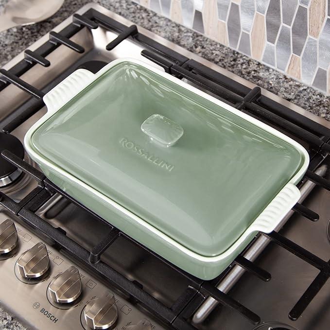 ROSSALLINI Stoneware Casserole Dish Bakeware Set with Lid, Covered Rectangular Dinnerware, Large 3.2 Quart, 11 by 9 Inch, Verde Salvia [Sage Green]