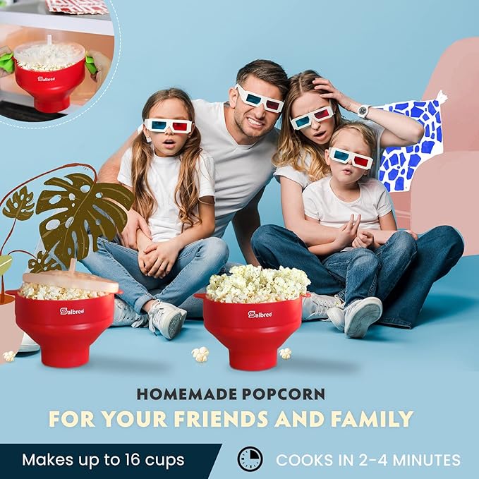 The Original Salbree Collapsible Silicone Microwave Popcorn Popper Maker Machine, Microwavable Bowl Holds 16 Cups, Uses Hot Air and Oil Always Optional - The Most Colors Available (Clear Red)