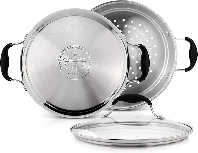 AVACRAFT 18/10, 3 Piece Stainless Steel Steamer Cooking Pot & Pan Set with Glass Lid, Momo Maker, Induction