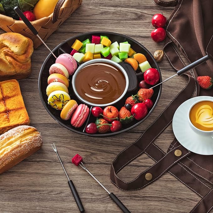 Lallisa Electric Fondue Pot Set, Chocolate Fondue Kit, Electric Fondue Maker, detachable Serving Trays with 4 Roasting Forks, gift Set for Date Night House Warming Melting Parties(Black)