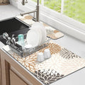 Findosom 2PCS 12" x 20" Dish Drying Mat & 24" x 5.5" Sink Splash Guard, Super Absorbent & Cuttable Dish Mat Drying Kitchen Mat with Brown Floral, Hide Stain Drying Mat for Kitchen Counter