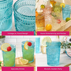 Kate Aspen Vintage Textured Aqua Blue Striped Drinking Glasses Set of 6-13 oz Ribbed Glassware with Flower Design | Cocktail Set, Juice Glass, Water Tumbler