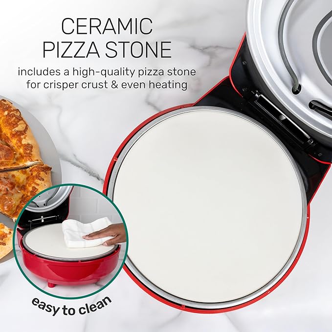 Homecraft Stone Baked Pizza Oven – 12in Woodfired Style Indoor Electric Countertop Pizza Maker – Ceramic Stone & Stainless Steel Peel – Variable Temp Control to 750°F – Homemade Pizza in Minutes-Red