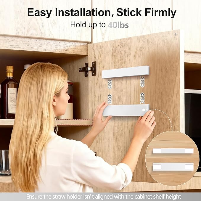 9.5” Large Acrylic Straw Holder for Cabinet Door, Reusable Adjustable Two-Part Straws Organizer with Ultra Sticky Adhesive Strips, 2026 Straw Storage for Kitchen Cupboard (White)
