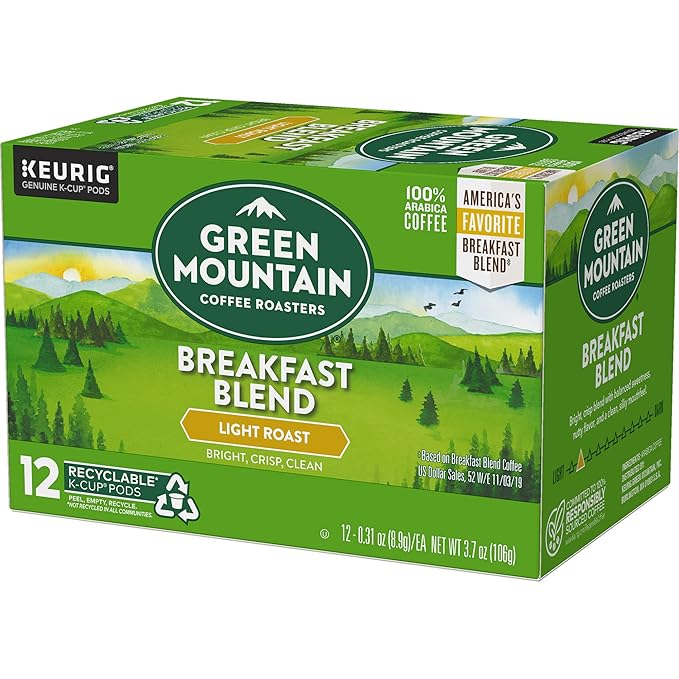Green Mountain Coffee Roasters Breakfast Blend Single-Serve Keurig K-Cup Pods, Light Roast Coffee, 12 Count