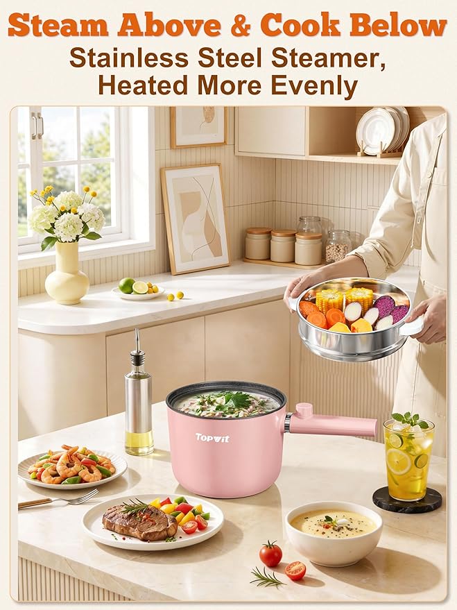 Topwit Hot Pot Electric with Steamer, 1.5L Ramen Cooker, Non-Stick Sauté Pan, Portable Cooking Pot, Electric Cooker with Dual Power Control, BPA Free, Over-Heating & Boil Dry Protection, Pink
