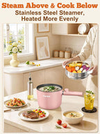 Topwit Hot Pot Electric with Steamer, 1.5L Ramen Cooker, Non-Stick Sauté Pan, Portable Cooking Pot, Electric Cooker with Dual Power Control, BPA Free, Over-Heating & Boil Dry Protection, Pink