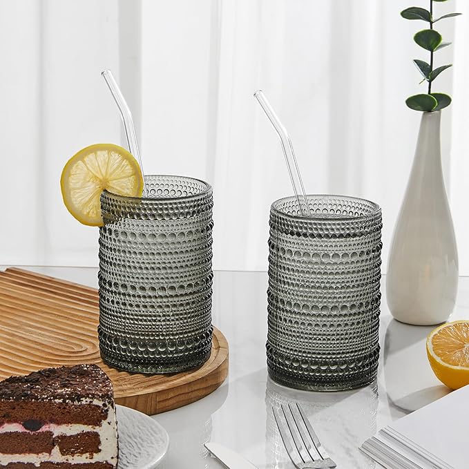 HomeVogue Hobnail Drinking Glasses Set of 6,15 oz Vintage Glassware Set Cocktail Glass Set, Embossed Grey Water Tumbler,for Beer, Whiskey,Juice and Various Mixed Drinks (15OZ Grey)