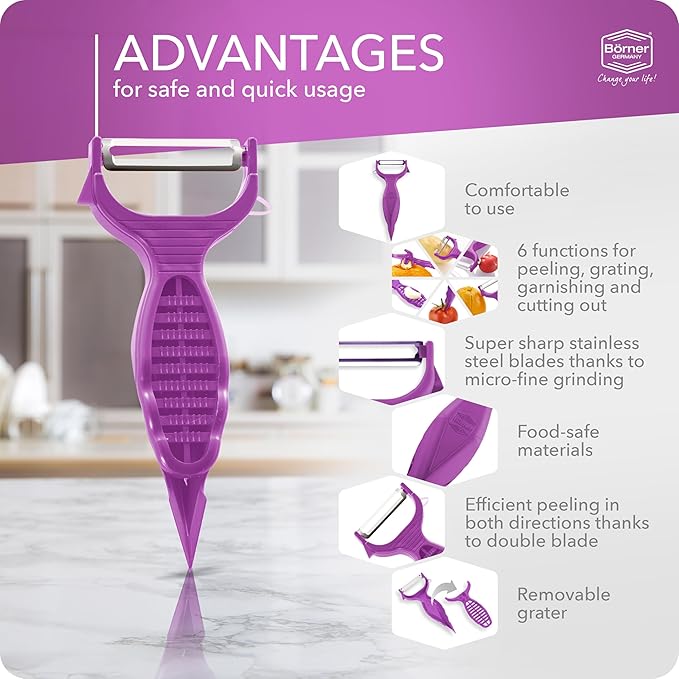 Börner Vegetable Peeler (6-in-1) • Garnishing Peeler with Grater • Multifunctional Peeler for Fruits & Vegetables • Fruit Peeler, Universal Peeler, Potato Peeler • Color: Purple