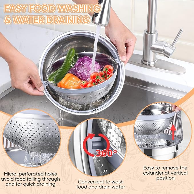 TeamFar 4-1 Colander with Bowl Set, Rotatable Colander for Kitchen, Stainless Steel Food Strainers and Colanders Mixing Bowl with Graters, for Veggies Fruits Washing, Pasta Straining - Blue