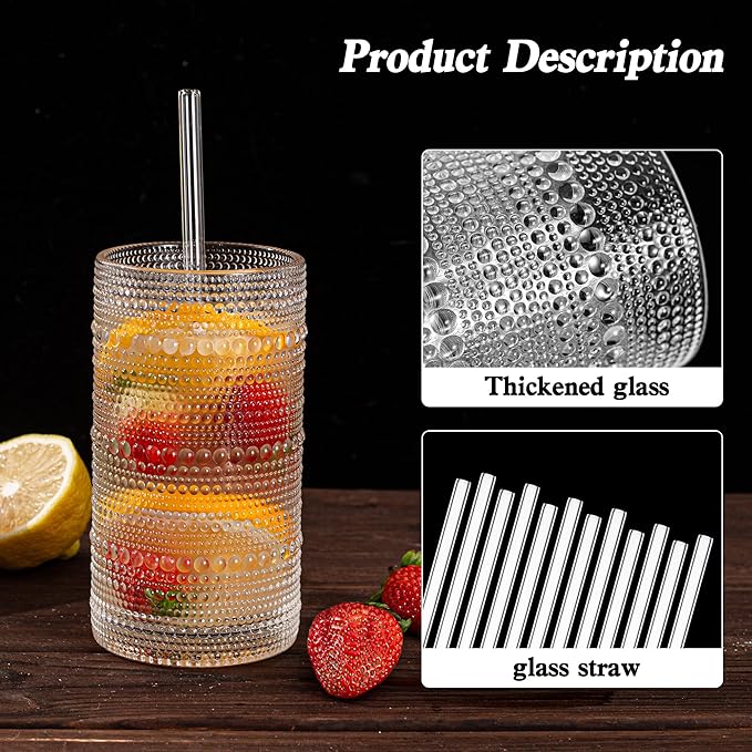 Dingerjar Upgraded Large Capacity 16 oz/480 ml Hobnail Glasses Drinking Set of 12 - Heavy Vintage Glassware