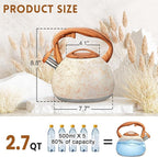 GGC Tea Kettle for Stove Top, Loud Whistling Kettle for Boiling Water Coffee or Milk, 3.1 Quart Stainless Steel Art Line White Pot with Wood Pattern Handle, Unique Button Control Outlet