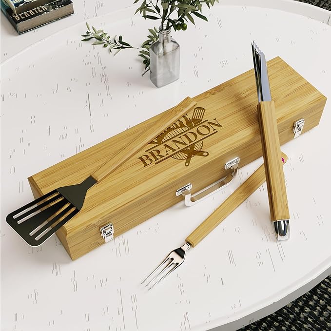 The Flame - Personalized BBQ Tool Set - 3 Utensils + Bamboo Box - BBQ Grilling Accessories - Grill Gifts for Him, Men, Dad, Husband - Smoker Accessories - Grill Utensils Set - Unique Men Birthday Gift