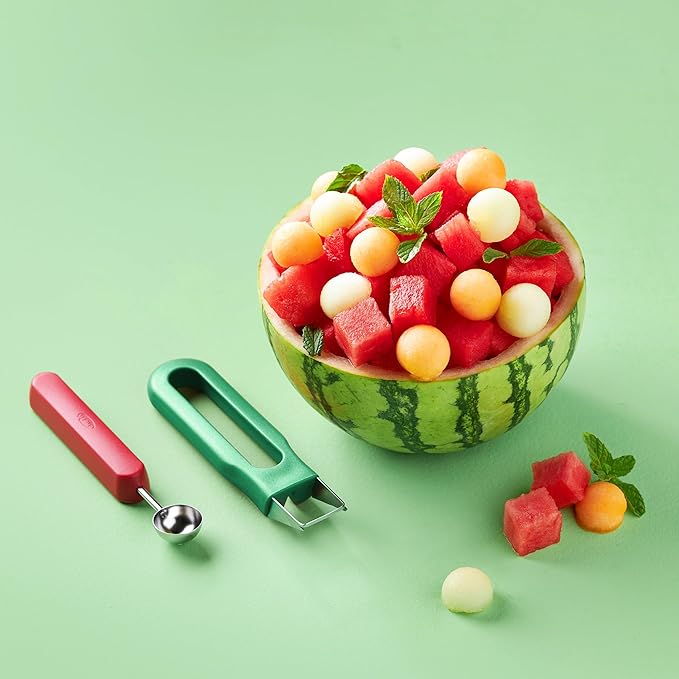 Chef'n Watermelon Scooper and Slicer - 2-in-1 Fruit Scooping Tool and Melon Baller Set for Quick Watermelon Cubes, Fruit Prep, and Summer Snacking - Nesting Kitchen Essentials
