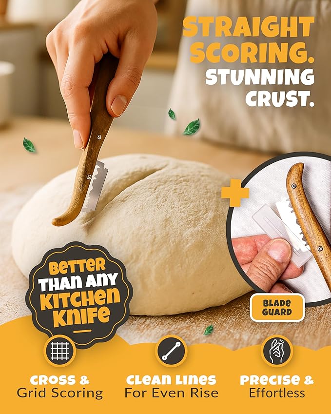 CRUSTLOVE 2pcs Set Bread Lame with 5 Blades – Sourdough Scoring Tool Set with Straight & Curved Scoring Knife for Sourdough and Bread Baking, Dough Scorer, Bread Scoring Tool, Bread Baking Supplies
