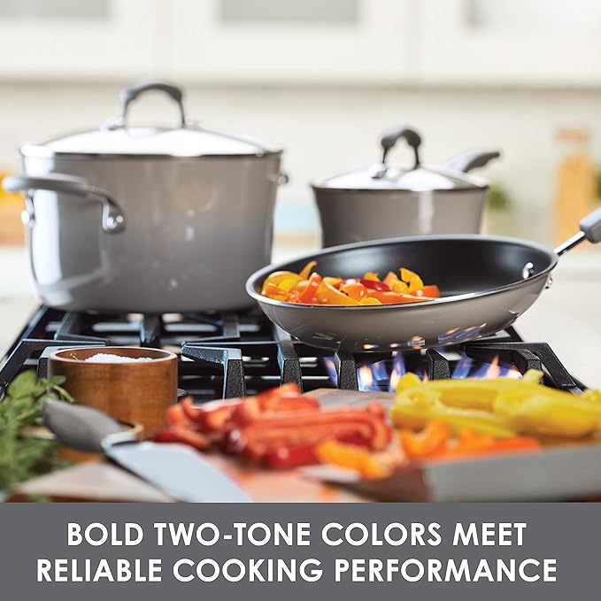 Rachael Ray Brights Sauce Pot/Saucepot with Steamer Insert, 3 Quart, Two-Tone Sea Salt Gray
