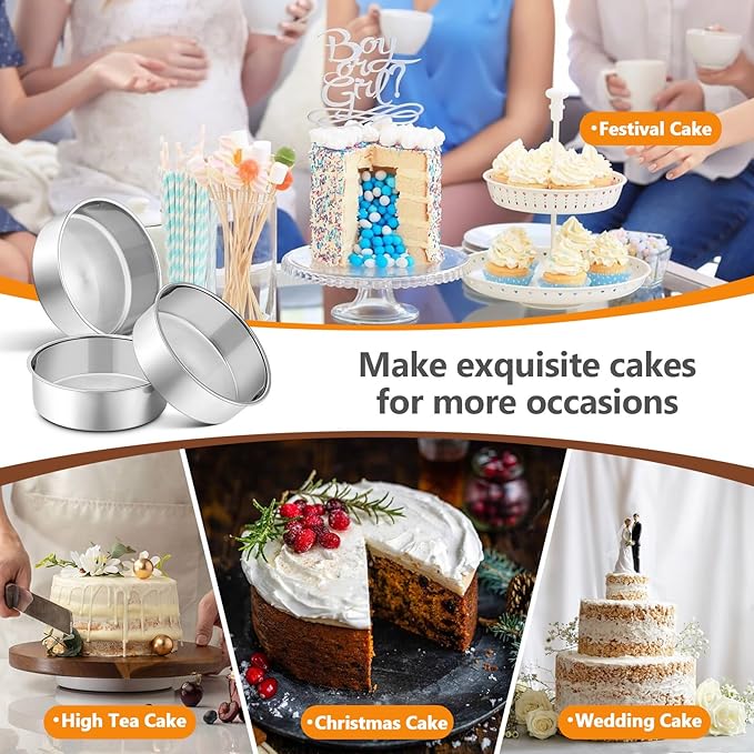P&P CHEF 6 Inch Round Cake Pan Set of 3, Stainless Steel Round Baking Layer Pans Bakeware for Layer Birthday Cake, Fit Oven/Pots/Pressure Cooker, Leakproof & Dishwasher Safe, Silver