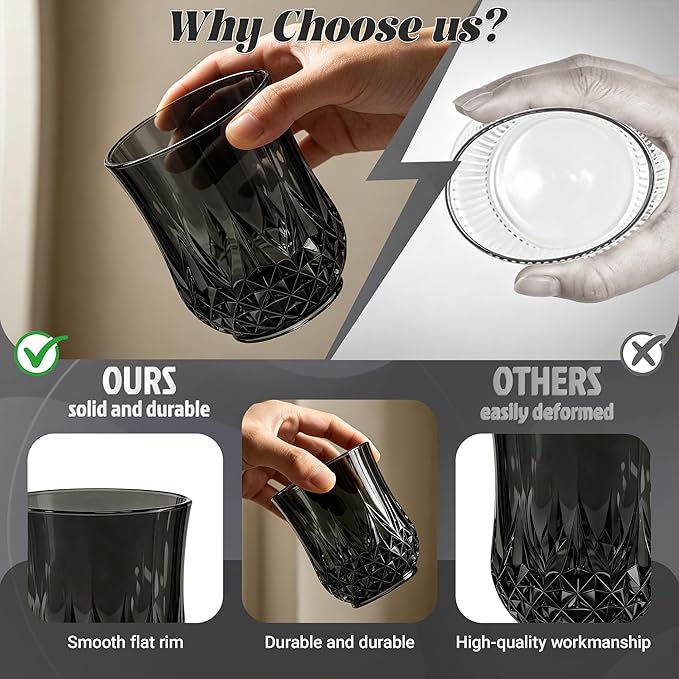 24 Pack Plastic Stemless Wine Glasses,12oz Unbreakable Vintage Elegant Drinking Glass Set,Reusable Fancy Cocktail Cups for Party, Wedding, and Bulk Events (24, 12oz-Black)