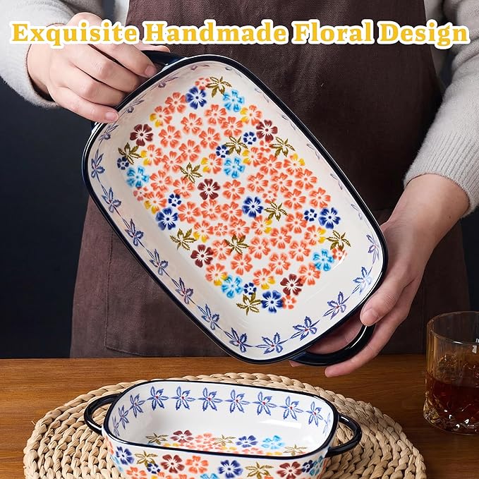 Ceramic Casserole Dishes for Oven, Hand-painted Polish Pottery Baking Dish Set of 2, 0.8QT / 2QT Porcelain Casserole Dish with Handles, Baking Pan Lasagna Pan, Gift for Family/Friend (Yellow)