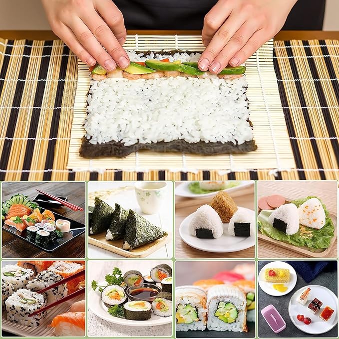 7 Pcs Onigiri Rice Ball Mold Maker Kit, Musubi Press, Classic Triangle Shake Sushi Roller Mat Tool for Kids Bento Lunch and Home DIY, Non-stick, BPA-Free
