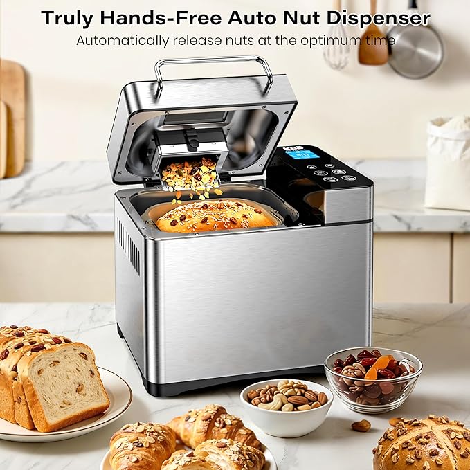 KBS Pro 710W 2LB Bread Maker, Stainless Steel 17-in-1 Smart Bread Machine with Healthy Ceramic Pan, Automatic Nut Dispenser, Tempered Glass Touch Panel, 3 Crust Colors, 15H Timer& Keep-Warm, Recipes