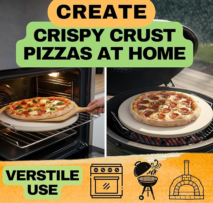 Large Pizza Stone for Oven 16 inch - Round Pizza Stone for Grill with Handles, Wood Pizza Peel and Cutter Set - Baking Stone for Bread - Pizza Making Kit Accessories - Gifts for Food Lovers