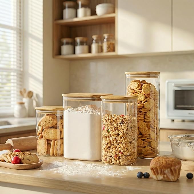 Extra Large Square Glass Flour & Sugar Storage Containers with Airtight Lids, 168 floz - 2 Pack Glass Jars with Bamboo Lids for Pantry, Air tight Food Storage Containers for Cereal, Pasta, Rice