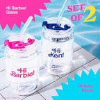 Dragon Glassware x Barbie The Movie - 16 oz Glass Cups with Lids and Straws, Set of 2 - Iced Coffee Cups with Lids - Glass Tumbler with Straw and Lid for Hot, Cold Drinks - Hi Barbie! Hi Ken!